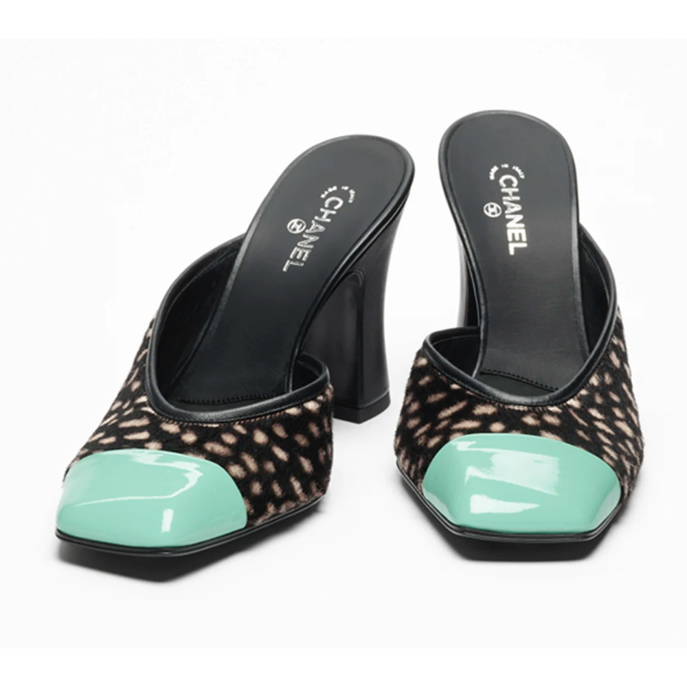 Chanel 26S Blazy Black White Pony Fur Green Square Toe Block Heel Pump Mule 38 - Picture 3 of 16